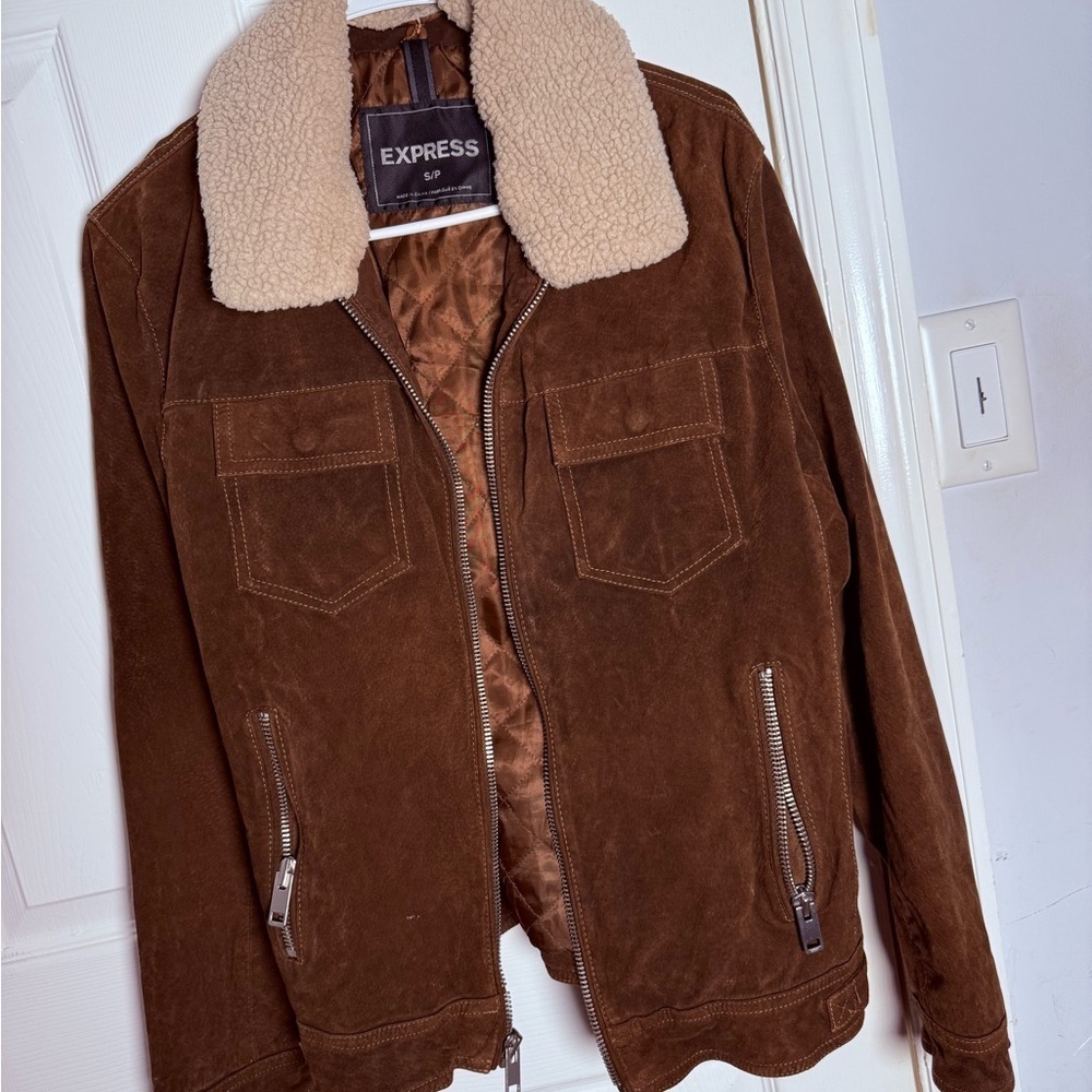Express Men's Chocolate Brown Suede Bomber with Cream Collar
